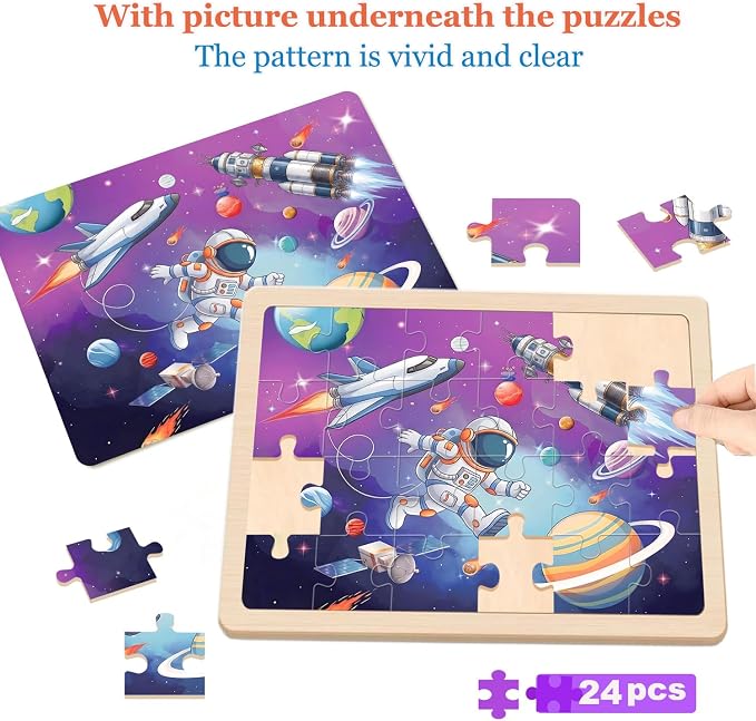 Puzzles for Kids Ages 4-6, 24 Pcs Wooden Farm, Animals, Space, and Emergency Vehicle Jigsaw Puzzles for Kids Ages 3-5, Preschool Educational Puzzles Boards Toys Gifts for 3 4 5 6 Boys Girls