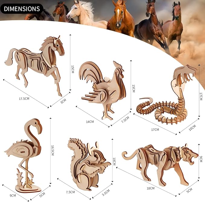 calary 3D Wooden Puzzle Simulation Animal Dinosaur Assembly DIY Model Toy for Kids and Adults,Set of 6