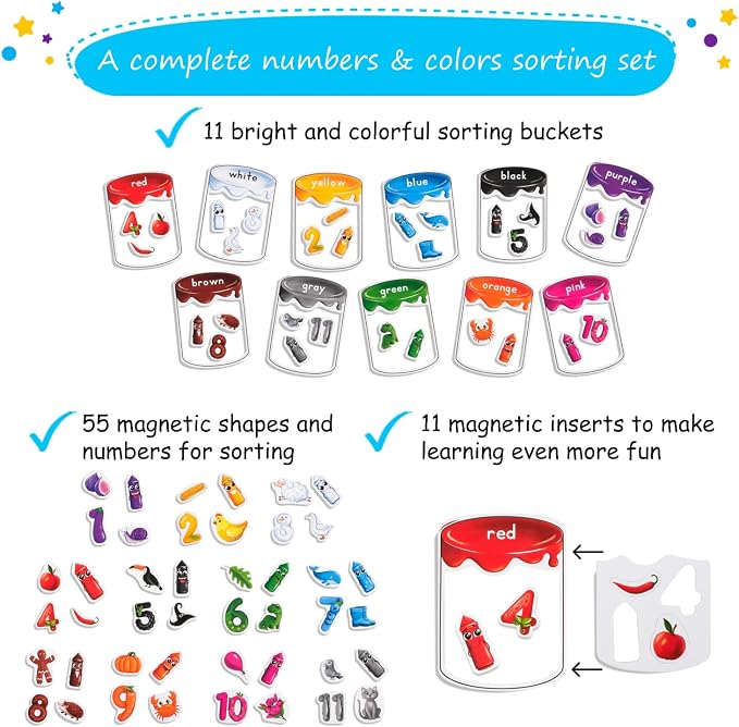66 PCS Magnetic Color Sorting Set, Colors Sorting Toys - Simply Magic | Color Recognition for Toddlers 1-3, Numbers Color Sorting Magnets for Fridge, Magnetic Sorting Set for Whiteboard