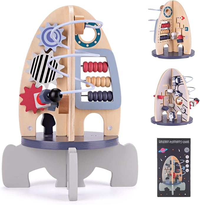 Wdmiya Space Wood Activity Cube Toy for Baby, Montessoritoys for 1 Year Old | Boy & Girl Birthday Gifts, Sensory and Educational 1st Birthday Gifts, Busy Board Toys for Baby Boy 6-18 Months (Rocket)
