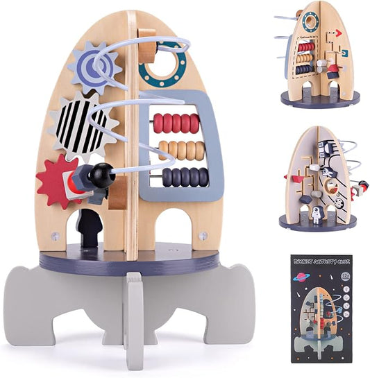 Wdmiya Space Wood Activity Cube Toy for Baby, Montessoritoys for 1 Year Old | Boy & Girl Birthday Gifts, Sensory and Educational 1st Birthday Gifts, Busy Board Toys for Baby Boy 6-18 Months (Rocket)