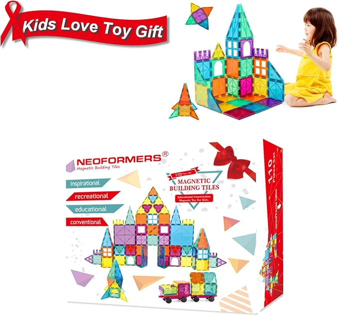 Magnetic Tiles Car Set Truck Kit Toy with Stronger Magnets, Educational Magnet Cars with Re-Enforced Hitch and Long Bed for Girls Boys Toddler Ages 3+ (110 PCS Set)