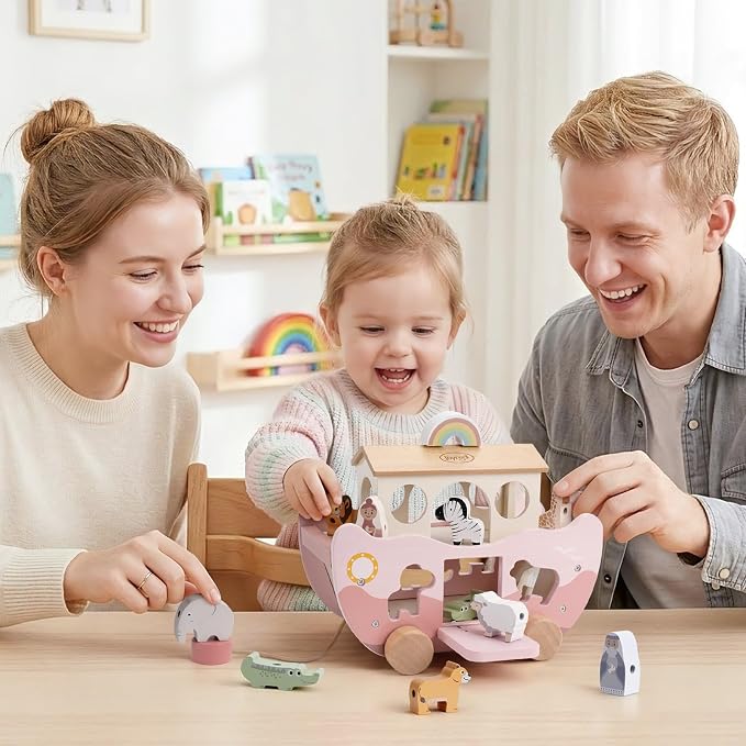 Joyreal Pink Wooden Noah's Ark Toy for 1 Year Old Baby Girl Baptism Gifts | Montessori Educational Toy, Animal Shape Sorter, Christian Toys for Toddler Boy 1-3 Years Old, Christmas Birthday Gift