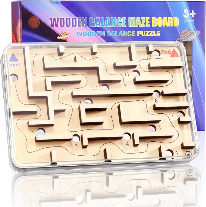 Handheld Fidget Brain Teaser Puzzle Game for Kids - Challenging Wooden Labyrinth Marble Maze for Boys - Fun Brain Teaser Fidget Toys for Travel Christmas Stocking Stuffer for Kids Ages 3 4 5 6 7 8