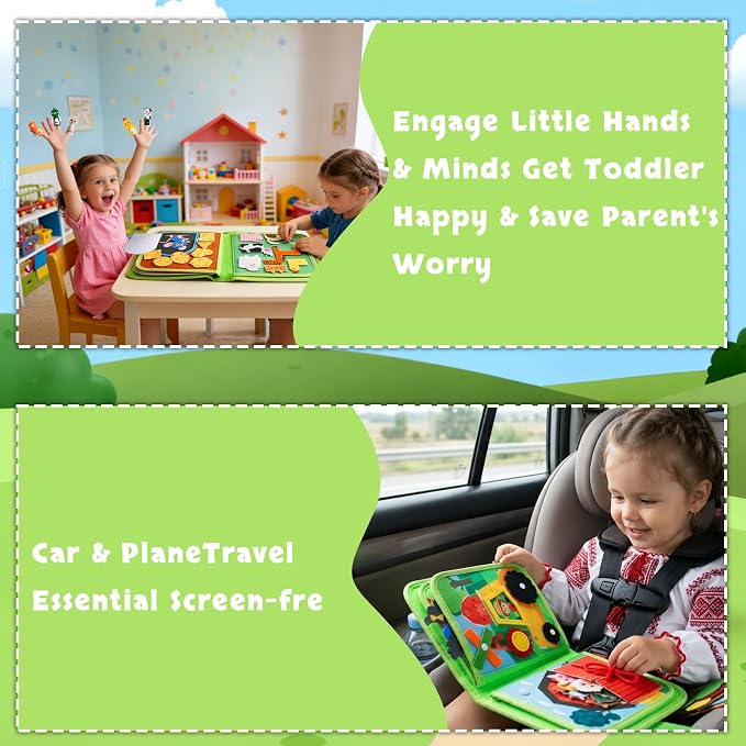 Busy Book for Toddlers 1-3, Montessori Toys for 1 2 Year Old Boy Girl Birthday Gifts, Farm Animal Busy Board Educational Learning Quiet Toddler Activity Book(Green)
