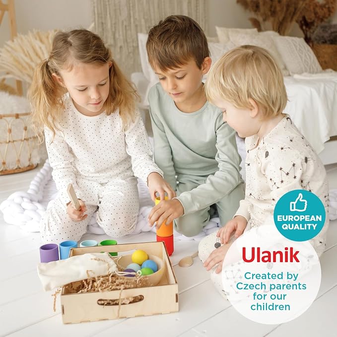 Ulanik Balls in Cups Full Set Montessori Toys for 1 Year Old | Open-ended wooden sorting set; 12 clear colors; tray and bag for easy storage