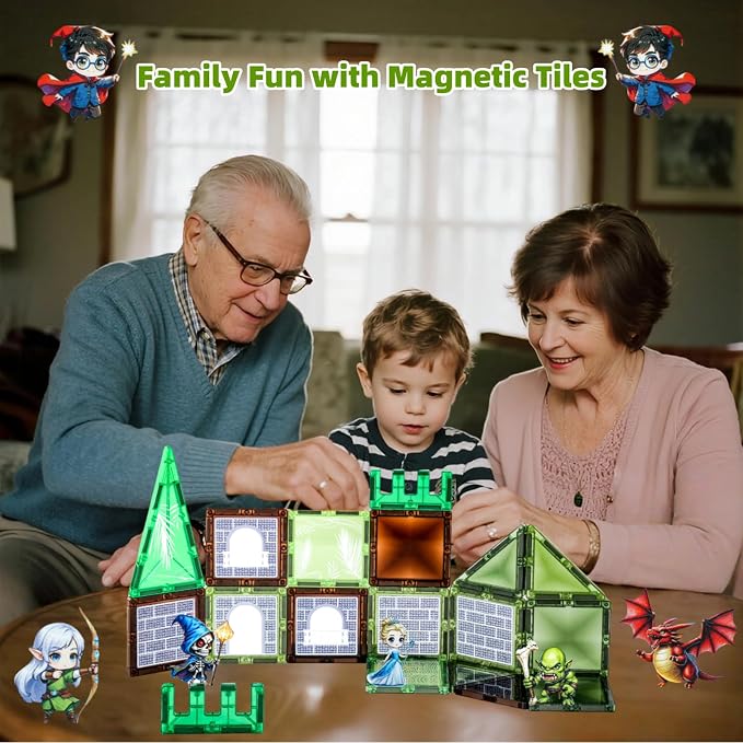 Dragon & Princess Magnetic Tiles for Kids 5-8 – Fantasy World Building Blocks with Monster, Wizard, Elf, Skeleton, STEM Toy for Boys & Girls, Christmas Birthday Gift