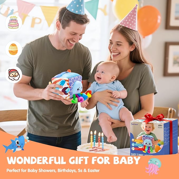Baby Toys 6-12 Months, Montessori Sensory Toys with 5 Plush Sea Animals | Soft Mystery Box with Crinkle,Squeaky,Rattle & Mirror for Fine Motor Play & Multi-Sensory Learning,Gifts for Infants & Babies