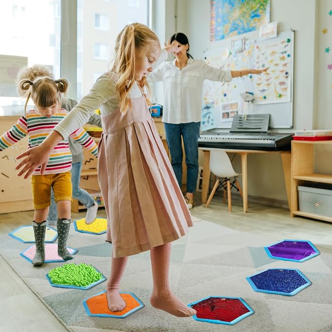 Boao 8 Set Mini Sensory Mats Assorted Textured Play Mats Sensory Floor Tiles Educational Tactile Toys for Activity(7.1 Inch,Hexagon)