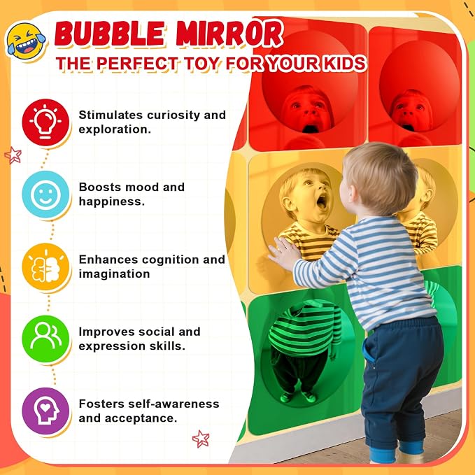 Geiserailie 9 Pcs Sensory Wall Bubble Mirrors, 10 x 10 Inch, CPC Certified | Colorful Acrylic Convex Mirrors, Sensory Room Must Haves, Classroom Learning Tool, Calming Corner, Preschool Daycare Activity