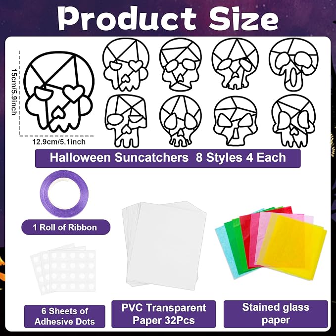 Lonfliness 32 Sets Sugar Skull Suncatchers Crafts Kit DIY Day of The Dead Window Stained Glass Effect Paper Halloween Dia de Los Muertos Easter Art Craft Creative Activity Project Gift Favor