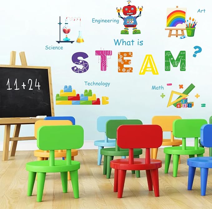 LHIUEM Large STEAM Wall Decal Colorful Steam Bulletin Board Wall Stickers | STEAM Science Educational Wall Decor Funny School Classroom Sticker for Wall Lab Learning Mural for Kids Classroom Laboratory