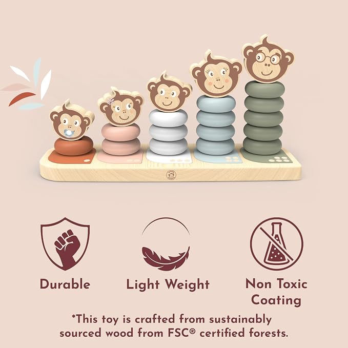 Kids Family Stacker, 5 Stackable Monkeys: Parent, Child, Sibling, Non-Toxic Paint, Develops Dexterity & Creativity, Educational Toy for Early Learning | 5 stackable monkeys, sorting & stacking toys, montessori toys, preschool toys, creative fine motor ...