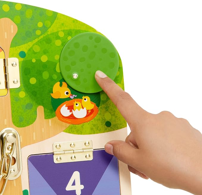 Battat Education – Wooden Latches Board Sensory Activity Toy for Toddlers, Montessori Doors and Locks Busy Board for Fine Motor Skills Development, Educational Toys for 3+ Years | Knock-Knock, Who's Inside? with 5 numbered doors, 2 spinning panels, and...
