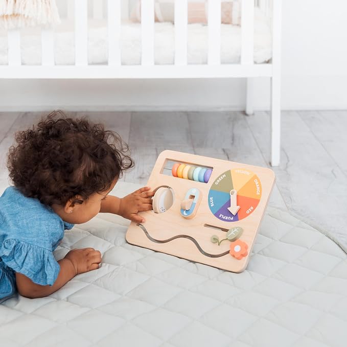 Pearhead Busy Board for Toddlers, Wooden Montessori Sensory Toy | FSC-Certified Design, Built-In Stand, Travel Activities, Color Recognition, Ages 1+