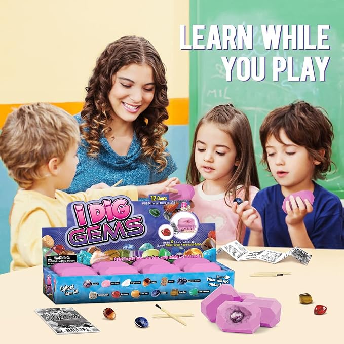 Gamerside Gem Dig Kit, 12 Real Gem Stone Crystals & Rocks, STEM Toys 6+ | Excavate Gemstones & Minerals, Complete Rock Digging Kit, Learning Guide Included, Great Birthday Gift for Young Scientists