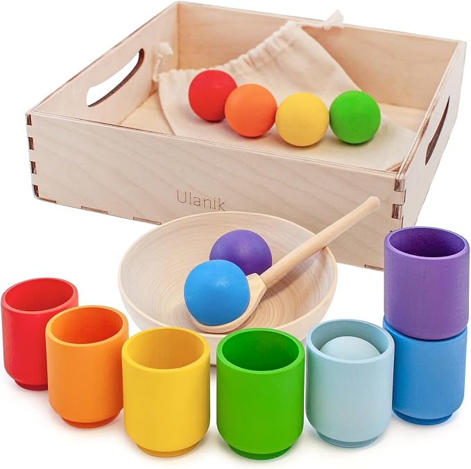 Ulanik Balls in Cups Rainbow Montessori Toys for 1 Year Old | Open-ended wooden sorting set; 7 clear colors; tray and bag for easy storage