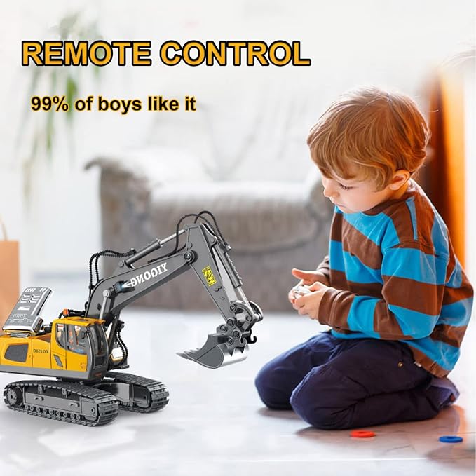 Remote Control Excavator 11 Channel RC Excavator Truck Toys 1/20 Scale 2.4Ghz Construction Vehicles with Metal Shovel 680° Rotation for Kids Boys Age 4-7 8 9 10 Year Old (Yellow)
