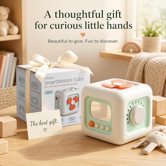 SmartMotion Cube for Toddlers 1-3 Years. Montessory Inspired - Sensory Fine Motor Skills Toy with Switches, Dials & Sliders - Quiet Travel Activity Toy - Birthday Gift for Boys & Girls.