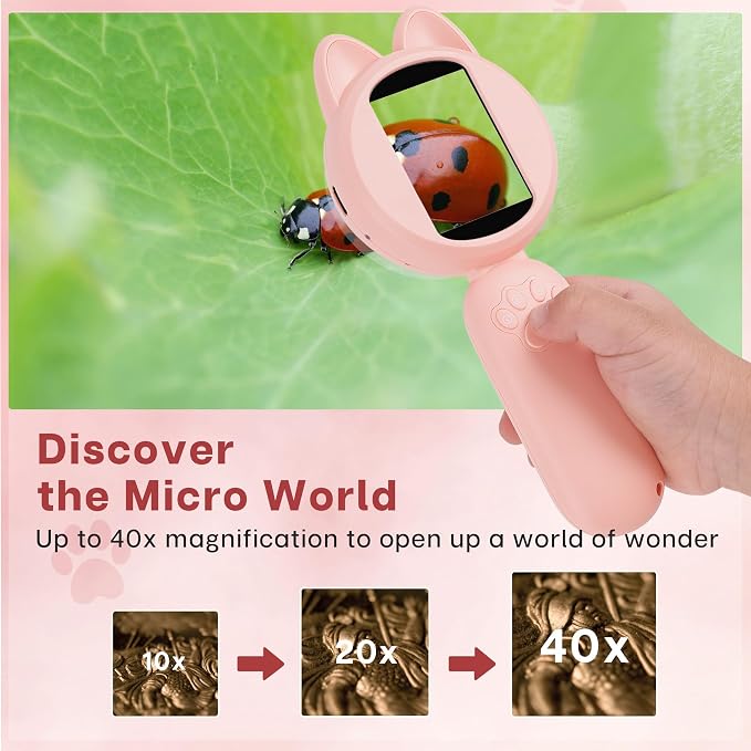 Mia Kids Microscope, Mini Digital Microscope for Kids with 2'' IPS Screen, Handheld Mini Scope Educational Science Toy Kit, Christmas/Birthday Gifts for Kids Aged 3-6,7-12 (Pink)