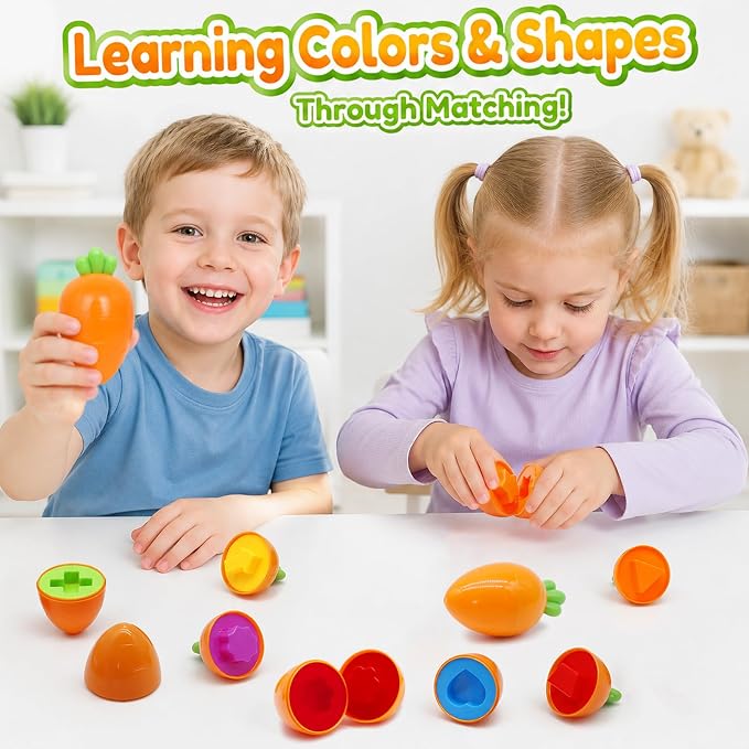 WEEJOYGAM 12PCS Carrot Matching Egg Toys for Toddlers, Montessori Toys for Baby Girl Boy Birthday Gift, Shape Sorter Color Sorting Sensory Learning Fine Motor Geometric Puzzles Game