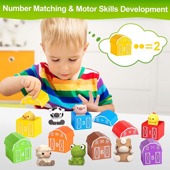 Farm Animal Toys for Toddler 1-3 Year Old, Montessori Toy Gift for Boy Girl | 10 Farm Animal Toys & 10 Barns, Counting, Matching & Sorting Educational Sensory Toys, Christmas Birthday Gift for Baby 1-3
