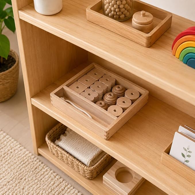 Kiddison Large Wooden Lacing Beads for Toddlers 2-4, Montessori Threading & Stringing Toy with Wooden Tray, Fine Motor Skills Activity, Occupational Therapy Toy, 27 Beads & 1 Lace