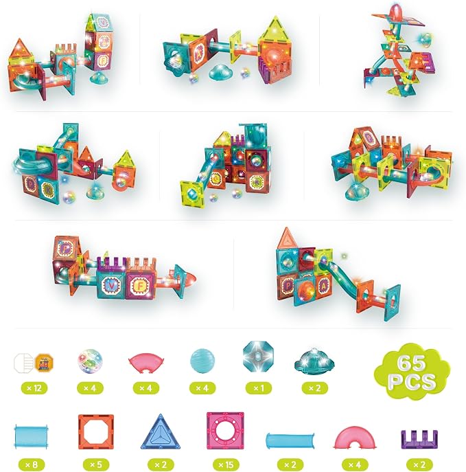 Contixo STEM Building Toys - 65 pcs Marble 3D Magnetic Run Tiles Learning Stacking Educational Building Blocks Set, Creativity Beyond Imagination, Inspirational, Recreational Toy for Kids, Ideal Gifts
