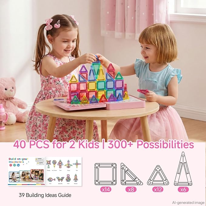 Mini Magnetic Tiles for Girls Travel in Tin Box to Stop Crying | 60 PCS Pink Magnet Building Blocks - 60 Mins Quiet Play 30s Cleanup Toy - Car Airplane Essentials Ages 3-8