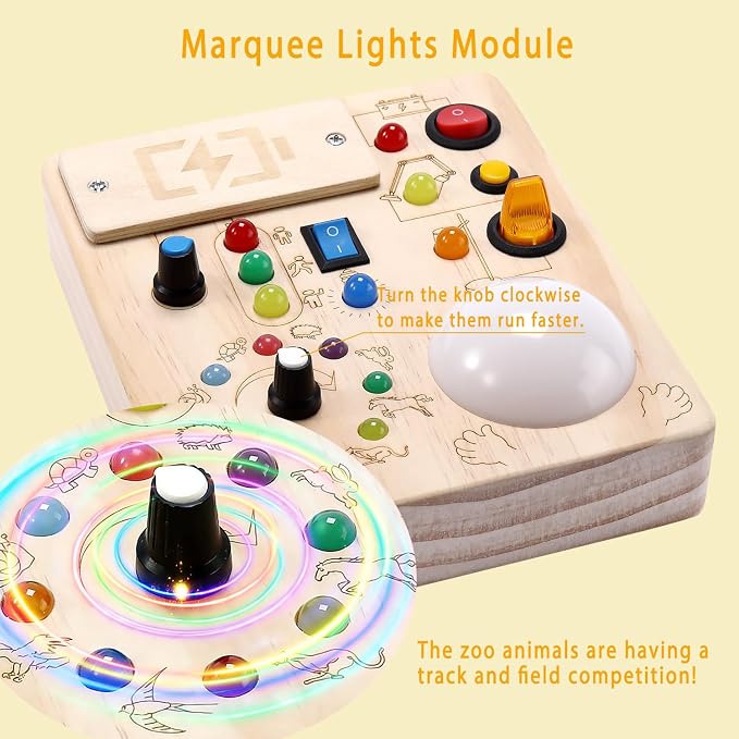 Toddler Busy Board ,Montessori Toy with Tap Light ,6.9"x5.9" Wooden Busy Board with LED Traffic Light for Kids , Travel Sensory Toys for 1+ Year Old baby Christmas/Birthday Gift(Battery Not Included)