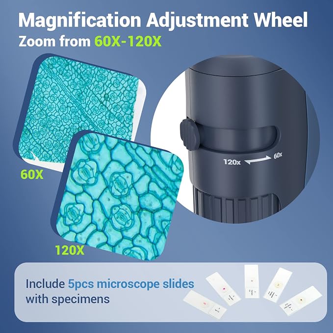 Pocket Microscope for Kids 60X-120X Handheld Science Learning Toy | LED Light, 5 Slides Specimen, Curious Kid Explorer, Backyard Classroom Park Nature, Discovery STEM Education Gift