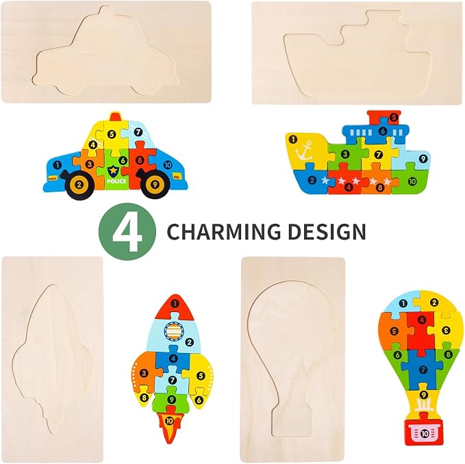 6 Pack Wooden Puzzles for Toddlers Ages 3-5, Montessori Vehicle Puzzle Toys | 60 Pieces, with Numbers 1-10, CPC certified, Educational Learning Toy, Birthday Gift for 3 4 5 Year Old Boys & Girls