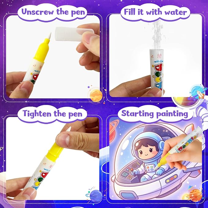 Bresdim Water Coloring Book, 4 Pack Water Painting Books for Toddlers 1-3 | Reusable Fairy Tale Animal Mess Free Coloring Book with Water Pen, Magic Paint with Water Book Travel Toy for Kid 3–6