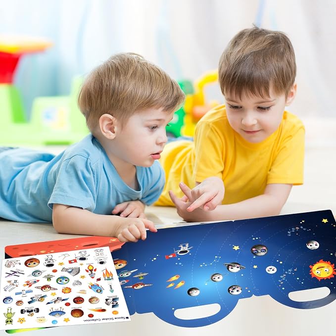 Space Sticker Book Toys, Travel Car Airplane Activities Gifts for Kids | 88 pcs Reusable Sticker,Waterproof Jelly Stickers, Portable Travel Toys,Educational Sensory Learning Toy,Gift for Boy Girl