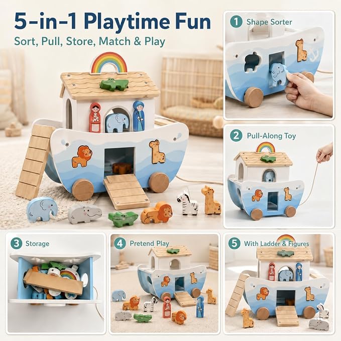 Wooden Noah’s Ark Toy for Toddlers 1-3, Montessori Animal Shape Sorter with 8 Pairs of Animals, Noah Figures, Rainbow, Ladder and Lacing Rope, Baptism Gift for Boys