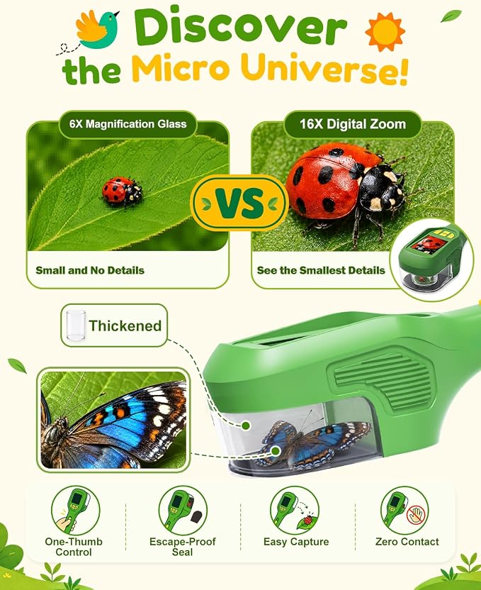 Digital Bug Catcher for Kids, Outdoor STEM Toys Birthday Gifts for Kids 3+ | 1080p Bug Magnifier, Microscope for Kids with Auto Focus, 8 LED Fill Lights, for Summer Camping Travel Science Toy Age 3-12