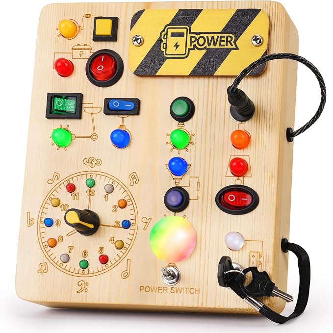 Busy Board with Led Light, Montessori Toys for 1-3 Years Old Boys Girls Wooden Toddler Toys Birthday Gift Educational Toys for 1+ Year Old, Toddler Travel Toy Sensory Toys for Kids with Autism