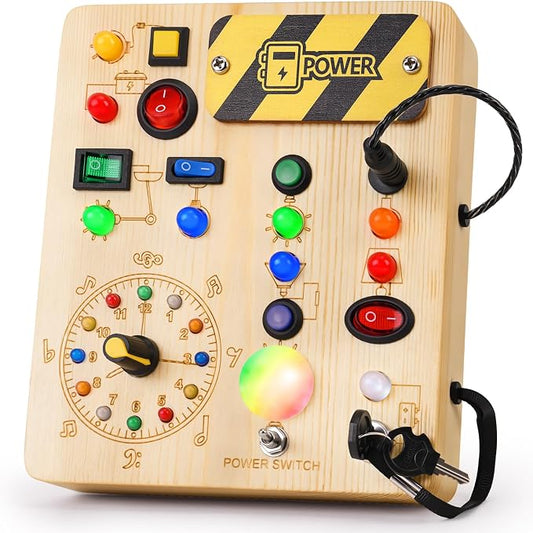 Busy Board with Led Light, Montessori Toys for 1-3 Years Old Boys Girls Wooden Toddler Toys Birthday Gift Educational Toys for 1+ Year Old, Toddler Travel Toy Sensory Toys for Kids with Autism