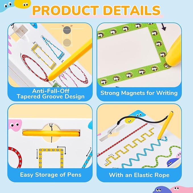 JoyCat Magnetic Shapes and Lines Tracing Board, 2-in-1 Pencil Control Toy | Double-sided fine motor toy for toddlers and kids supports preschool learning; road trip car activities and birthday gifts.