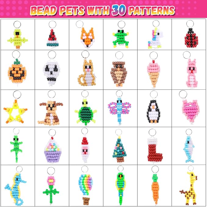 Beads for Crafts, Pony Beads Keychain Making Kit, Bead Pets for Kids Girls | Funtopia Bracelet Making kit Beaded Animal Set Birthday Party DIY Art Crafts for Girls Boys Beginners(1500 Bead, 30 Designs)