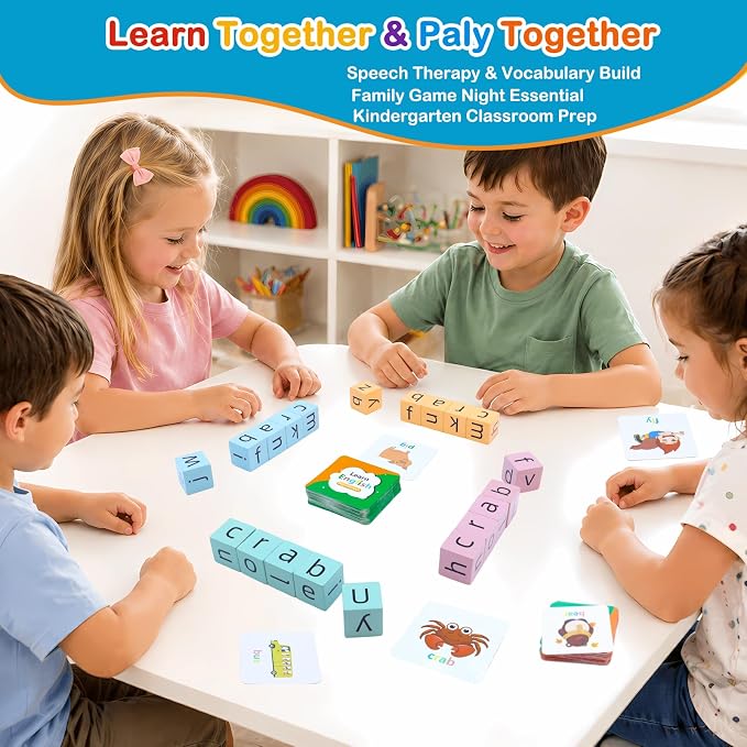 Spelling Games for Kids Ages 3-8, Phonics Matching Game with 54 Flash Cards & 20 Letter Blocks, CVC & Sight Word Building Reading Game, Classroom Must Haves for Preschool & Kindergarten