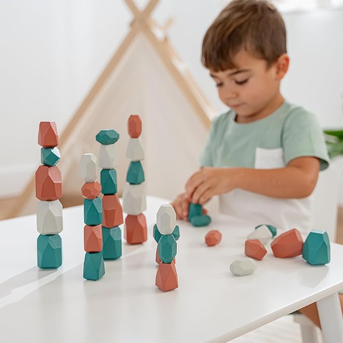 Comfy Cubs Stacking Rocks 36 Pieces, 36 Months+, Educational Toddler Stacking Blocks, Promotes Imagination, Balance & Fine Motor Skills - Wooden Rocks Sensory Toys Gift for Kid, Dino Pack