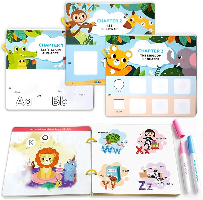 JUPITEARTH 28 Pages 3-in-1 Pack Mess Free Coloring Book Set for Toddlers | Reusable Water Painting Book with 2 Refillable Water Pens,Educational Activity Toys for Toddlers