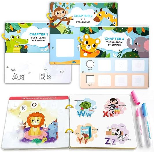 JUPITEARTH 28 Pages 3-in-1 Pack Mess Free Coloring Book Set for Toddlers | Reusable Water Painting Book with 2 Refillable Water Pens,Educational Activity Toys for Toddlers