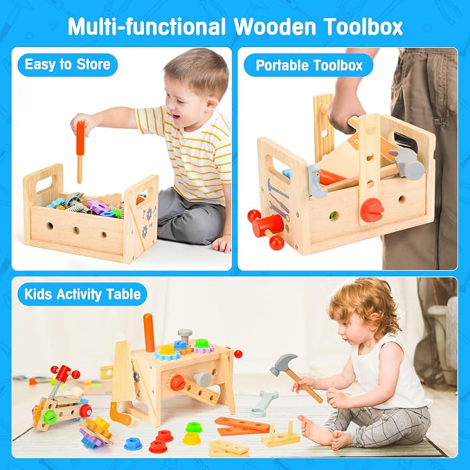 Wooden Tool Set for Kids 2 3 4 5 Year Old, 29Pcs Educational STEM Toys Toddler Montessori Toys for 2 Year Old Construction Preschool Learning Activities Gifts for Boys Girls Age 2-4 1-3 (Pack of 2)