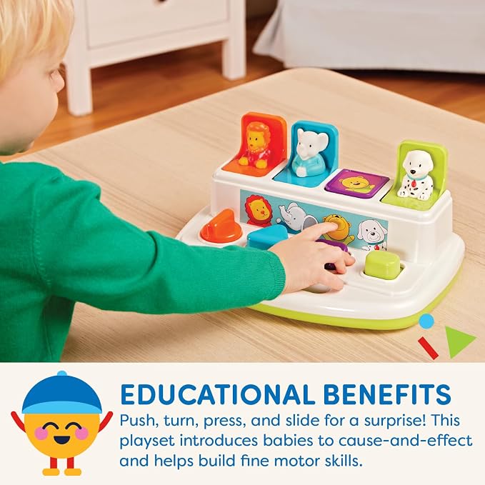 Battat Pop-Up Toy, Pop-Up Pals Cause-and-Effect Animal Toy, Toddler, 4 Pals | 4 animal pals pop up with turn, press, flip, and slide actions; colors, shapes, carry handle, Toddler, 4 Pals; 18+ Months