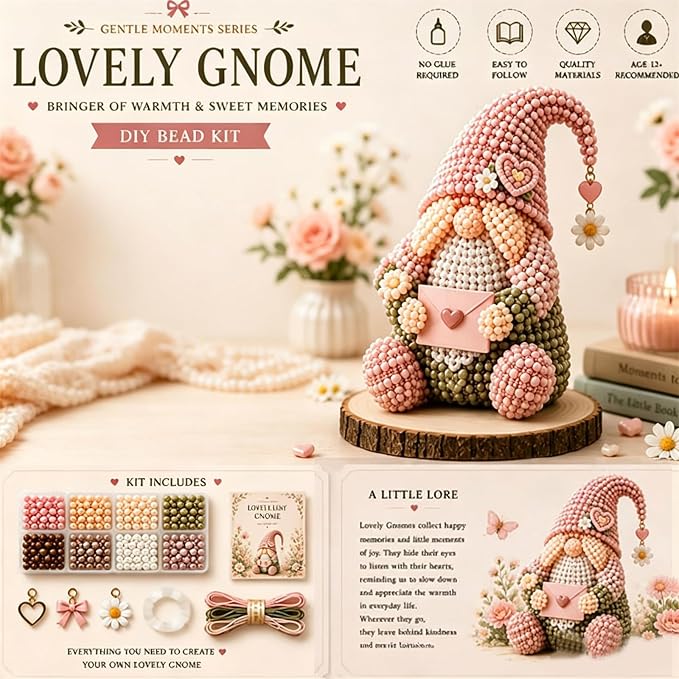 3D Beaded Gnome Craft Kit, 7.1in Non Slip Stable Structure Bead Threading Project Box, Handmade Gnome DIY Toy Set with Charms for Kids Ages 6 Plus Adults