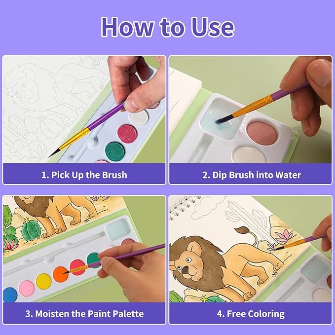 Cavnewt Watercolor Coloring Books for Kids Ages 4-8, Mess Free Watercolor Painting Book, Paint with Water Books for Toddlers, Travel Activities Arts Party Favors Birthday Gifts for Kids Girls & Boys