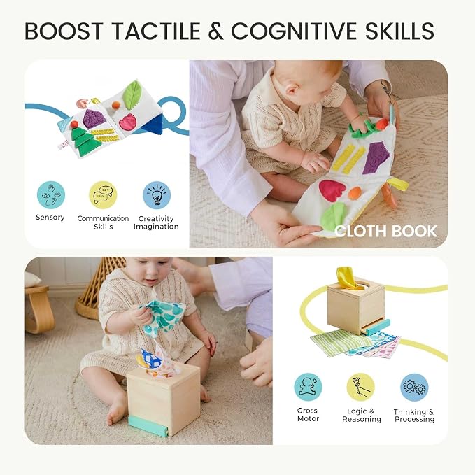 Tiny Land Montessori Baby Toy Set 4-6 Months 4 in 1 Motor Skills Kit | Soft cloth book, spinning rainbow toy, silicone blocks, baby tissue box, tummy time, teething and fine motor play gift