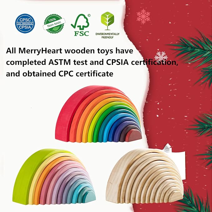Wooden Rainbow Stacking Toy, 12 Piece Multicolor Wooden Arch Stacker, Extra Large Pastel Bow Shaped Stacking Toy, Nesting Puzzle Building Blocks Educational Toys for Kids Toddlers
